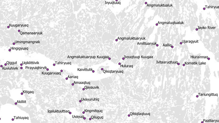 Simple grey map of Canadian geographical place names in part of Nunavut